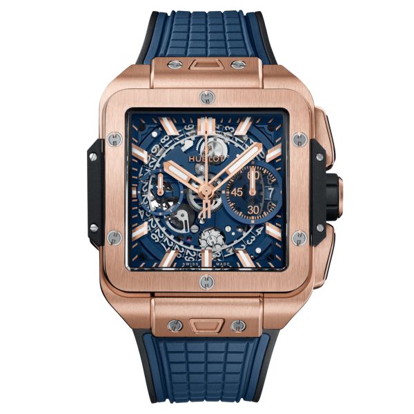 Montre Hublot Square Bang Unico King Gold Blue automatique cadran squelette bracelet caoutchouc bleu 42 mm 821.OX.5180.RX