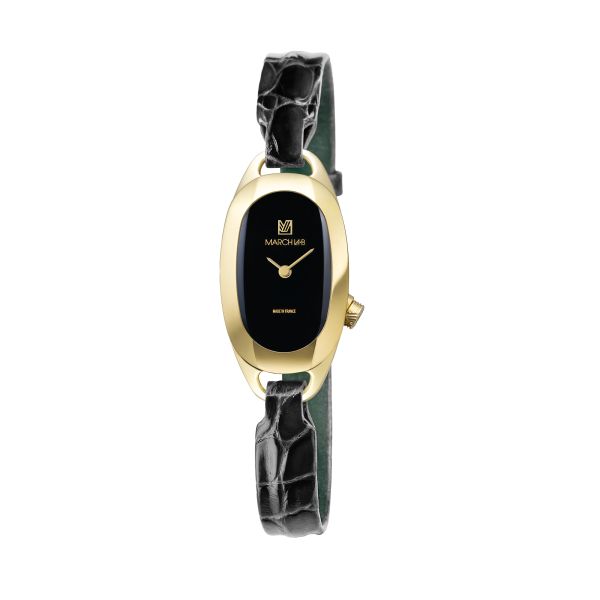 Montre March LA.B Oblongue Supreme quartz cadran noir bracelet alligator noir 20 x 40 mm