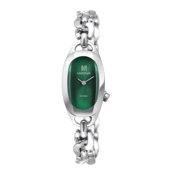 Montre March LA.B Oblongue Forest quartz cadran vert bracelet acier gourmette 20 x 40 mm