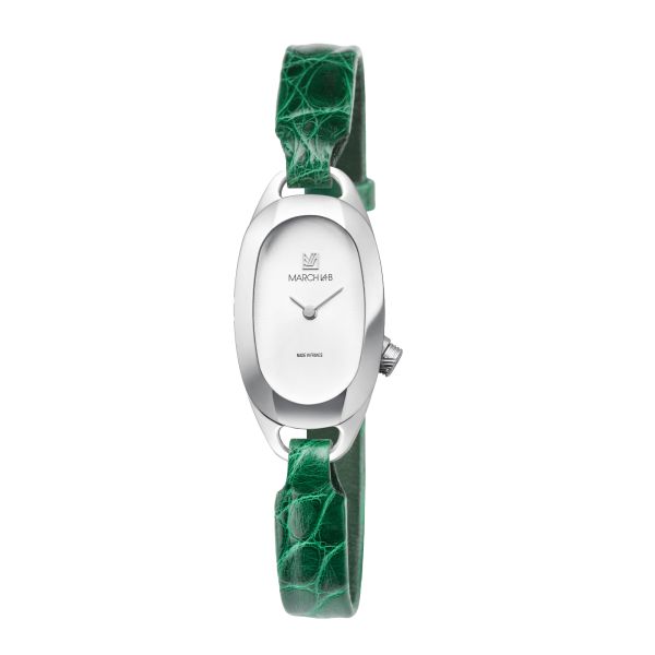 Montre March LA.B Oblongue White quartz cadran blanc bracelet alligator vert 20 x 40 mm