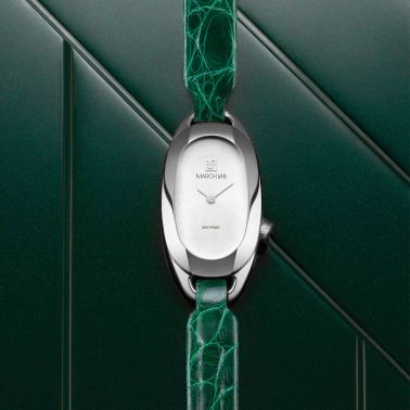 Montre March LA.B Oblongue White quartz cadran blanc bracelet alligator vert 20 x 40 mm