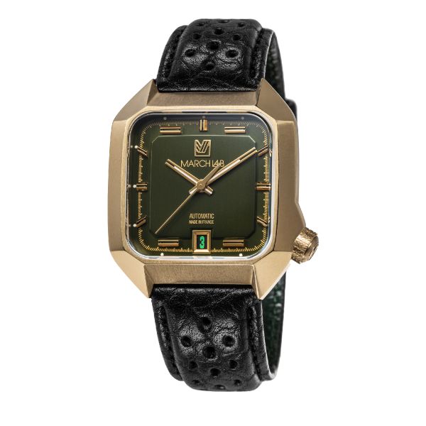 Montre March LA.B AM2 Slim Automatique Bronze Millésime 2023 bracelet cuir de bison perforé noir 36 mm