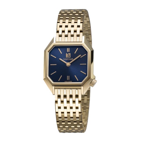 Montre March LA.B Dandy Mansart Electrique Amiral cadran bleu bracelet acier 9 maillons gold 30 mm