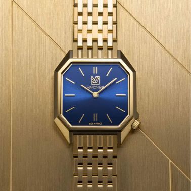 March LA.B Dandy Mansart Electrique Amiral blue dial steel bracelet 9 links gold 30 mm