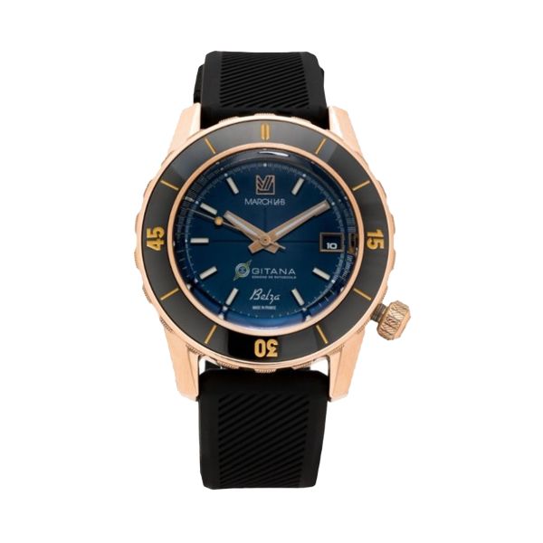 Montre March LA.B Belza x Gitana Bronze automatique cadran bleu bracelet cuir 40 mm