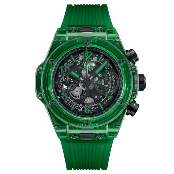 Montre Hublot Big Bang Unico Green SAXEM automatique cadran squelette bracelet caoutchouc vert 42 mm 441.JG.4990.RT