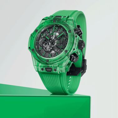 Montre Hublot Big Bang Unico Green SAXEM automatique cadran squelette bracelet caoutchouc vert 42 mm 441.JG.4990.RT