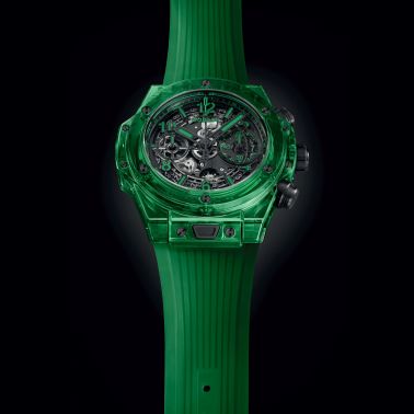 Montre Hublot Big Bang Unico Green SAXEM automatique cadran squelette bracelet caoutchouc vert 42 mm 441.JG.4990.RT