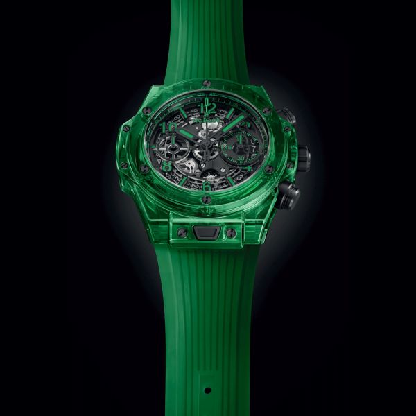 Montre Hublot Big Bang Unico Green SAXEM automatique cadran squelette bracelet caoutchouc vert 42 mm 441.JG.4990.RT