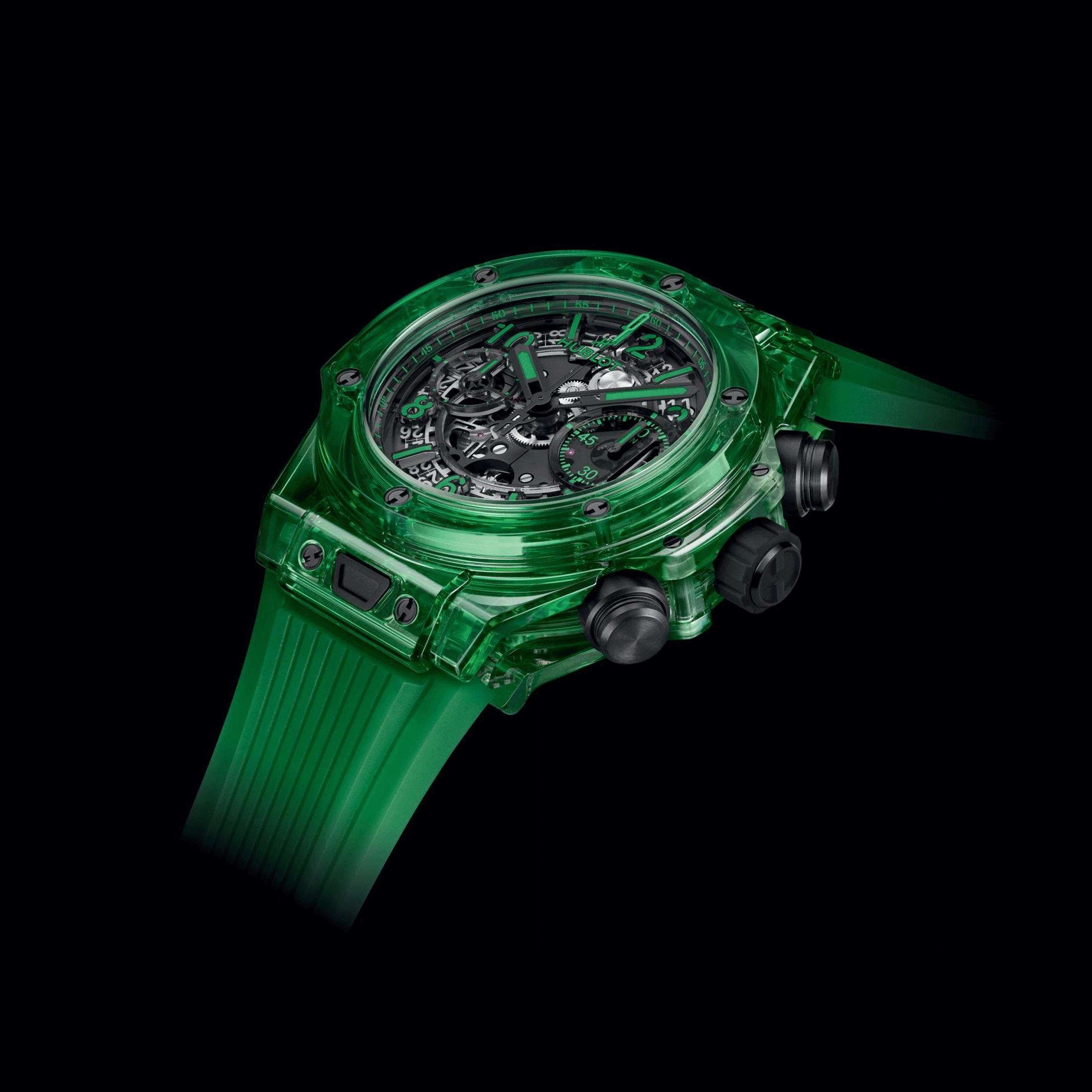 Montre Hublot Big Bang Unico Green SAXEM automatique cadran squelette bracelet caoutchouc vert 42 mm 441.JG.4990.RT