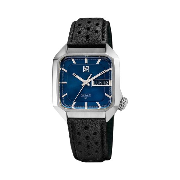 Montre March LA.B AM2 Slim Electrique Navy bracelet cuir de buffle perforé marron 36 mm