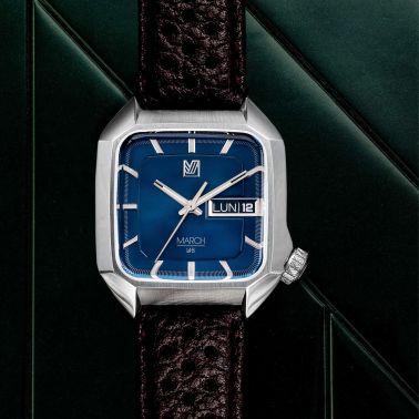 Montre March LA.B AM2 Slim Electrique Navy bracelet cuir de buffle perforé marron 36 mm