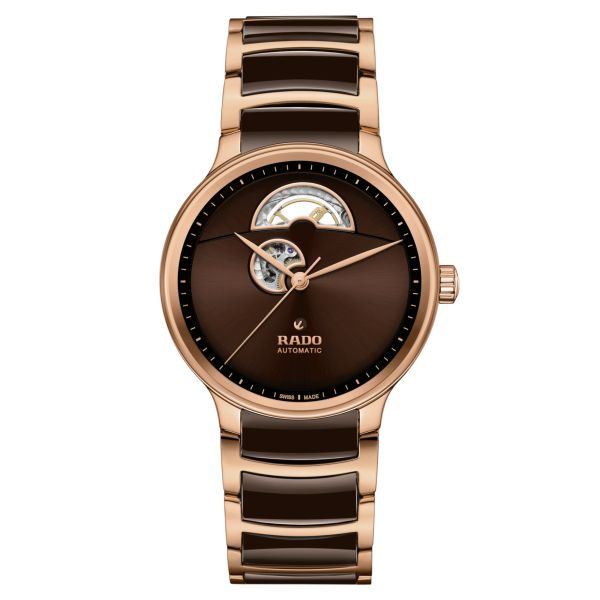 Montre Rado Centrix Open Heart automatique cadran brun bracelet acier PVD or rose et céramique brune 39,5 mm R30013302