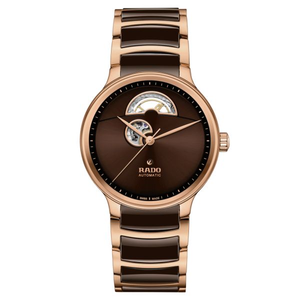 Rado Centrix Open Heart automatic watch brown dial stainless steel bracelet PVD rose gold and brown ceramic 39.5 mm R30013302