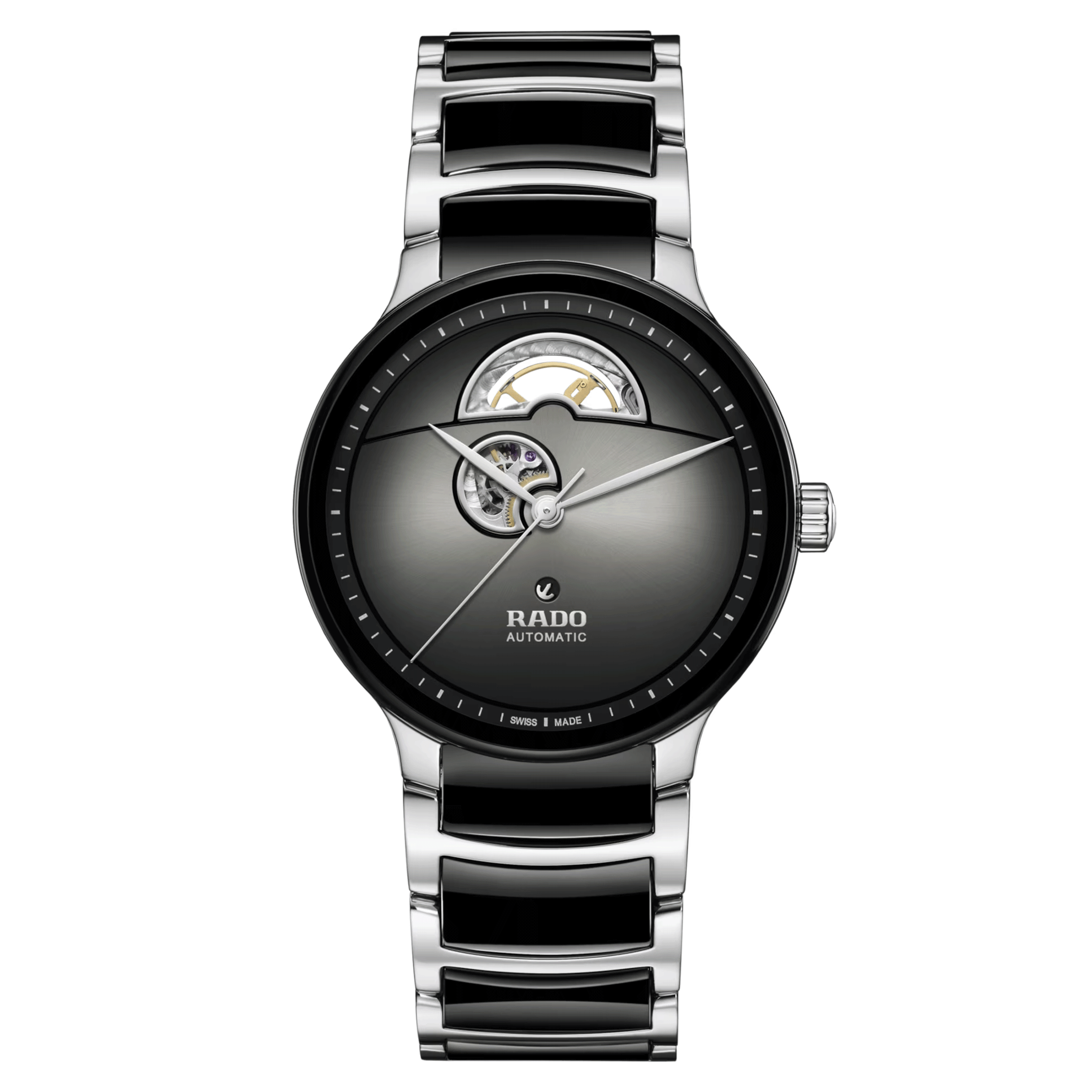Montre Rado Centrix Open Heart automatique cadran gris bracelet acier et céramique noire 39,5 mm R30012152