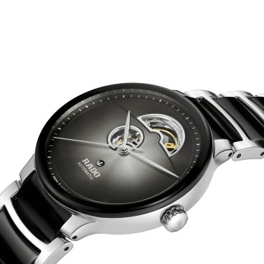 Montre Rado Centrix Open Heart automatique cadran gris bracelet acier et céramique noire 39,5 mm R30012152