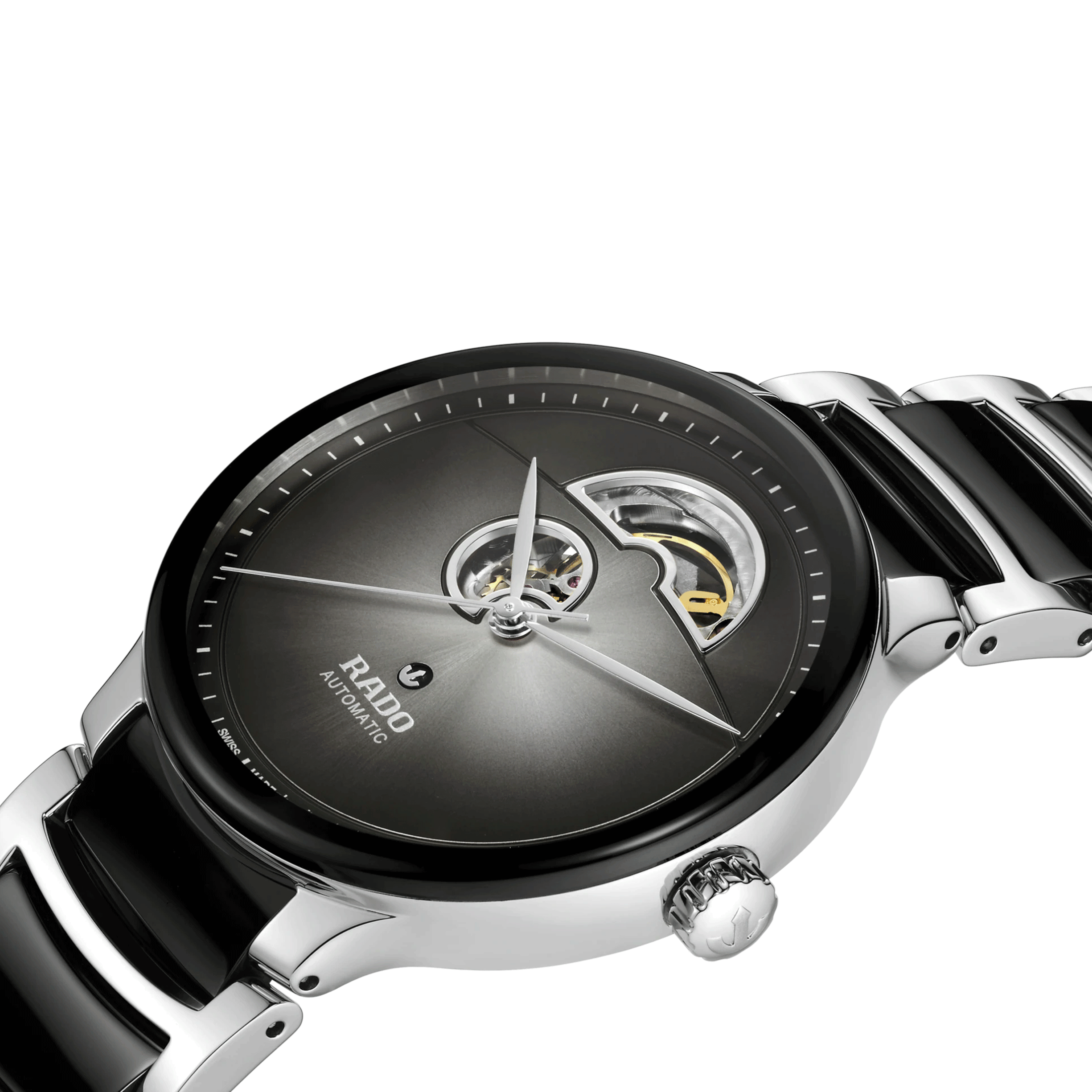 Montre Rado Centrix Open Heart automatique cadran gris bracelet acier et céramique noire 39,5 mm R30012152