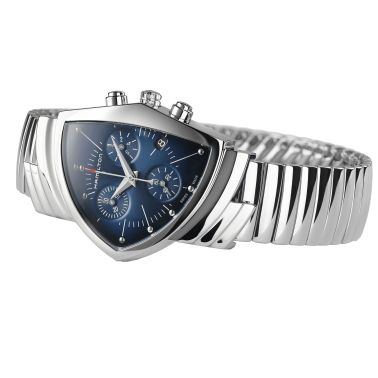 Montre Hamilton Ventura Chrono quartz cadran bleu bracelet acier 32,3 x 50,3 mm H24432141