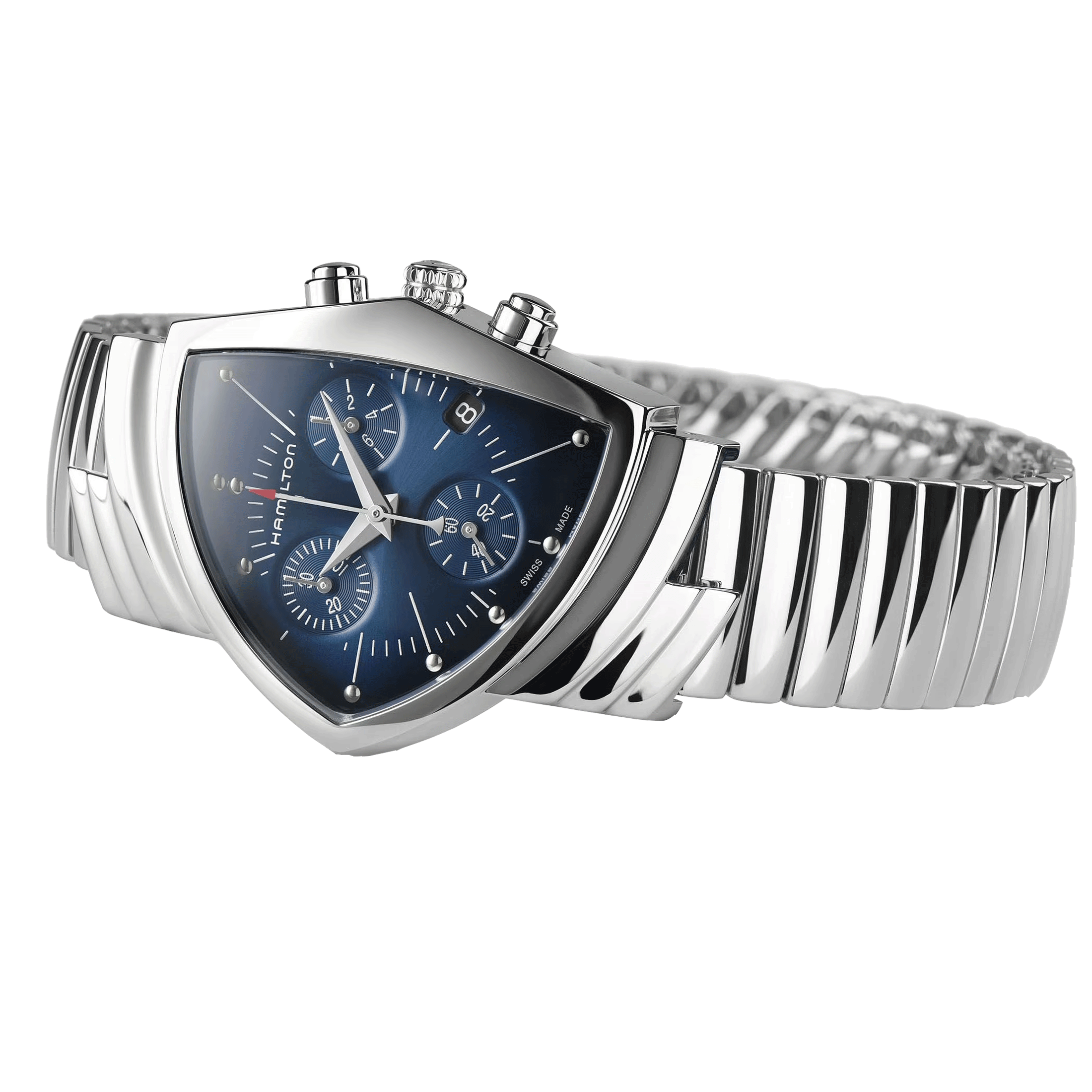 Montre Hamilton Ventura Chrono quartz cadran bleu bracelet acier 32,3 x 50,3 mm H24432141