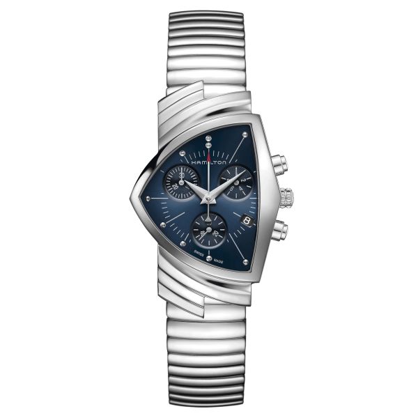 Hamilton Ventura Chrono quartz watch blue dial stainless steel bracelet 32.3 x 50.3 mm H24432141