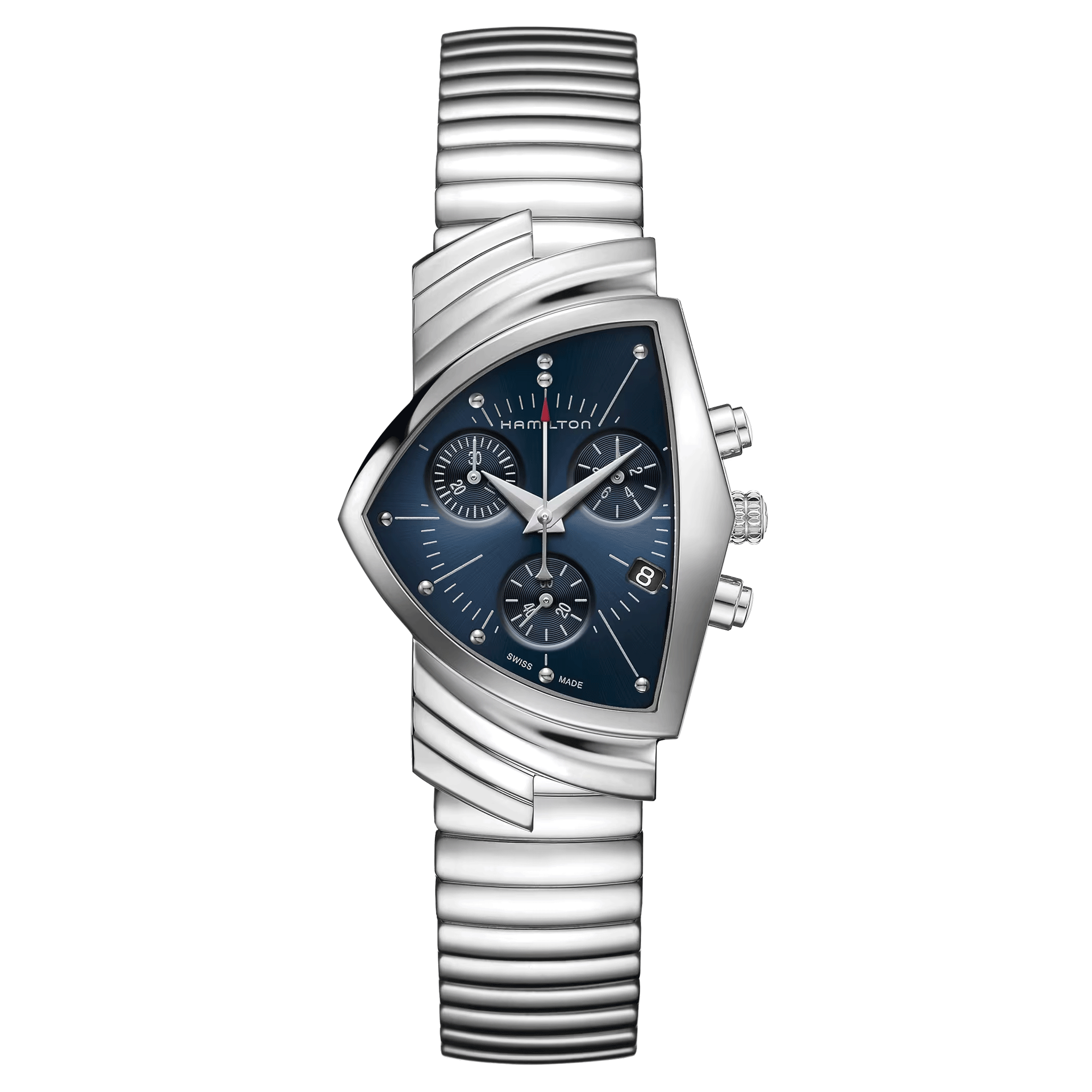 Montre Hamilton Ventura Chrono quartz cadran bleu bracelet acier 32,3 x 50,3 mm H24432141