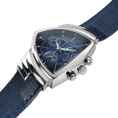 Montre Hamilton Ventura Chrono quartz cadran bleu bracelet cuir bleu 32,3 x 50,3 mm H24432941