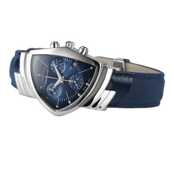Montre Hamilton Ventura Chrono quartz cadran bleu bracelet cuir bleu 32,3 x 50,3 mm H24432941