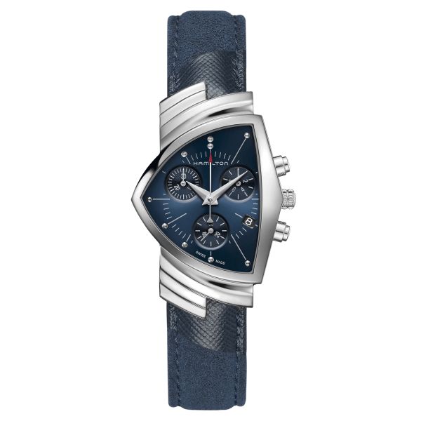 Hamilton Ventura Chrono quartz watch blue dial blue leather strap 32,3 x 50,3 mm H24432941