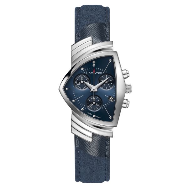 Montre Hamilton Ventura Chrono quartz cadran bleu bracelet cuir bleu 32,3 x 50,3 mm H24432941