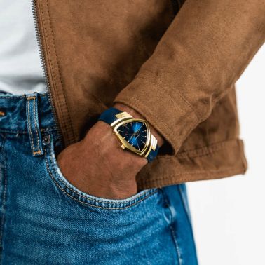 Hamilton Ventura Blue Chrono PVD Yellow Gold quartz watch blue dial steel bracelet pvd yellow gold 32,3 x 50,3 mm