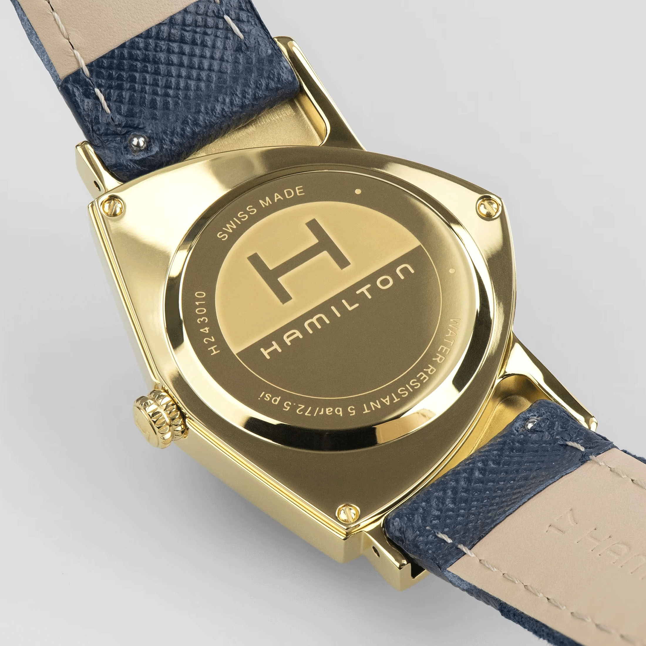 Montre Hamilton Ventura Blue Chrono PVD Or Jaune quartz cadran bleu bracelet cuir bleu 32,3 x 50,3 mm H24301141
