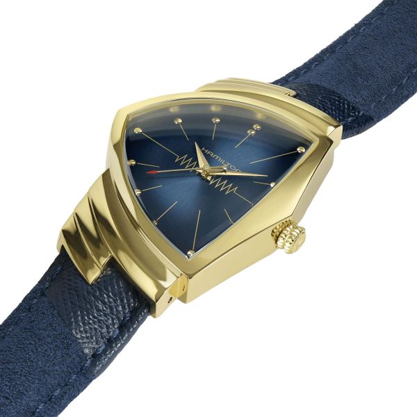 Montre Hamilton Ventura Blue Chrono PVD Or Jaune quartz cadran bleu bracelet cuir bleu 32,3 x 50,3 mm H24301141