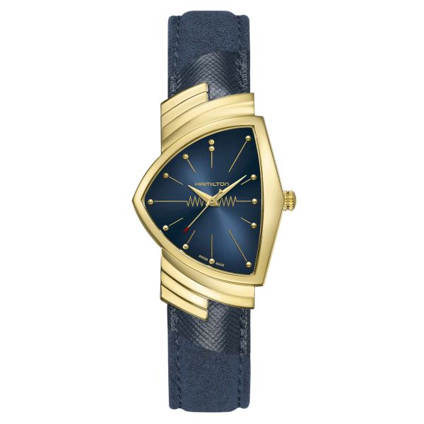 Montre Hamilton Ventura Blue Chrono PVD Or Jaune quartz cadran bleu bracelet cuir bleu 32,3 x 50,3 mm H24301141