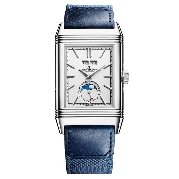 Montre Jaeger-LeCoultre Reverso Tribute Duoface Calendar remontage manuel cadran gris bracelet cuir bleu Q3918420