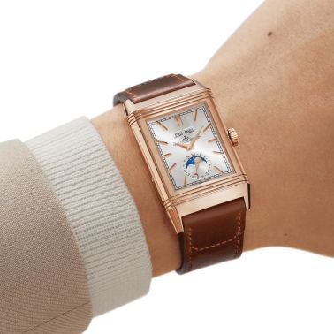 Montre Jaeger-LeCoultre Reverso Tribute Duoface Calendar Or Rose remontage manuel cadran gris bracelet cuir marron Q3912530