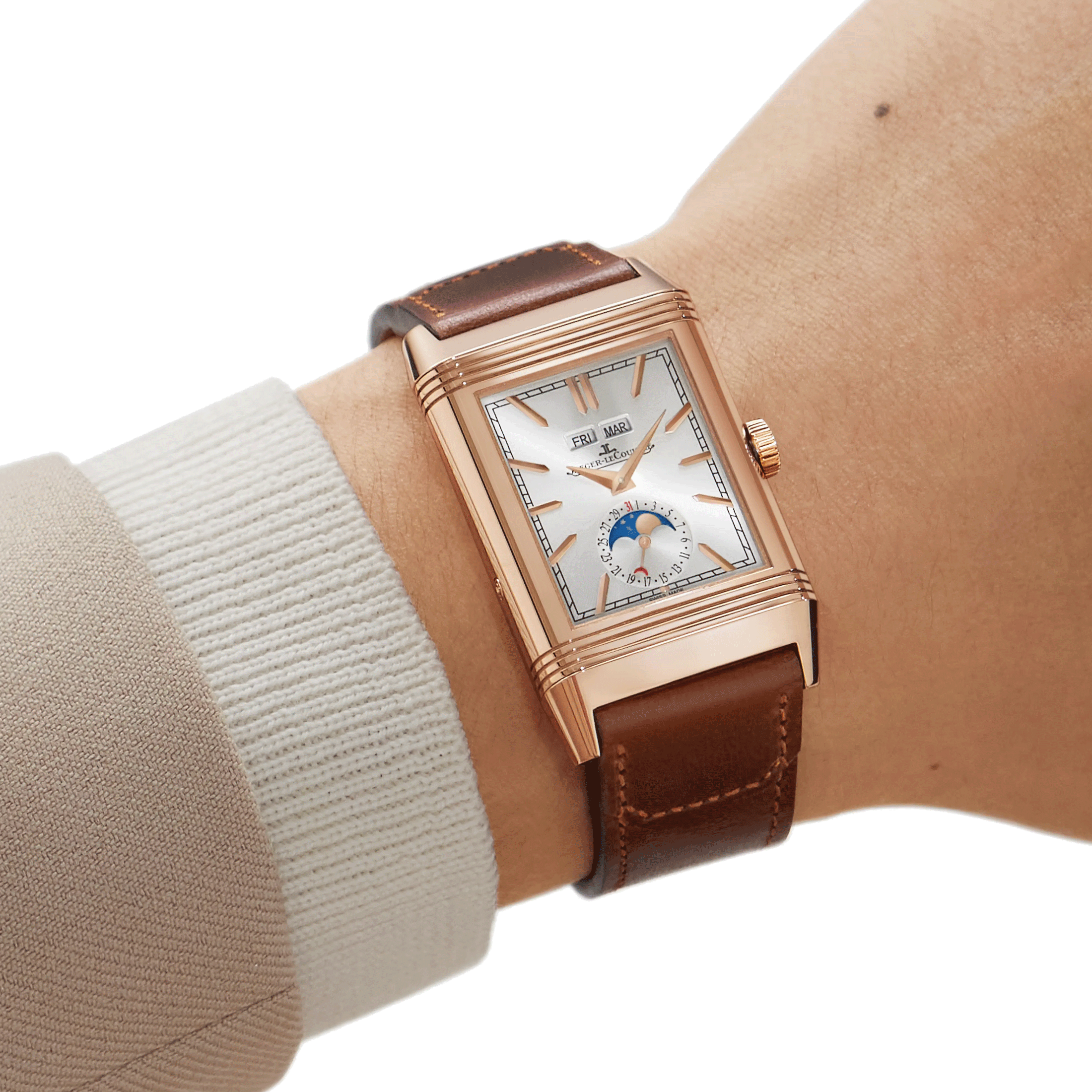 Montre Jaeger-LeCoultre Reverso Tribute Duoface Calendar Or Rose remontage manuel cadran gris bracelet cuir marron Q3912530