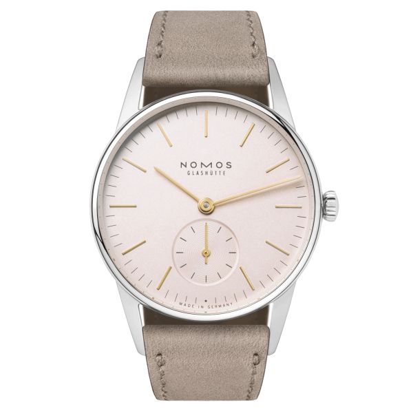 NOMOS Orion 33 mechanical watch pink dial beige leather strap 32,8 mm