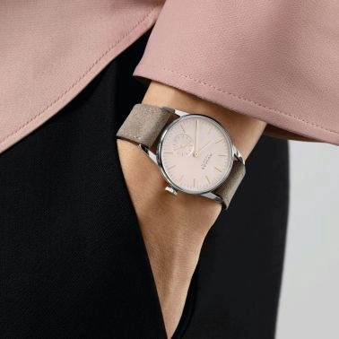 NOMOS Orion 33 mechanical watch pink dial beige leather strap 32,8 mm