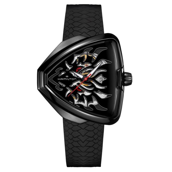 Montre Hamilton Ventura Elvis80 Skeleton PVD Noir automatique cadran noir bracelet caoutchouc noir 42,50 x 44,60 mm H24535332