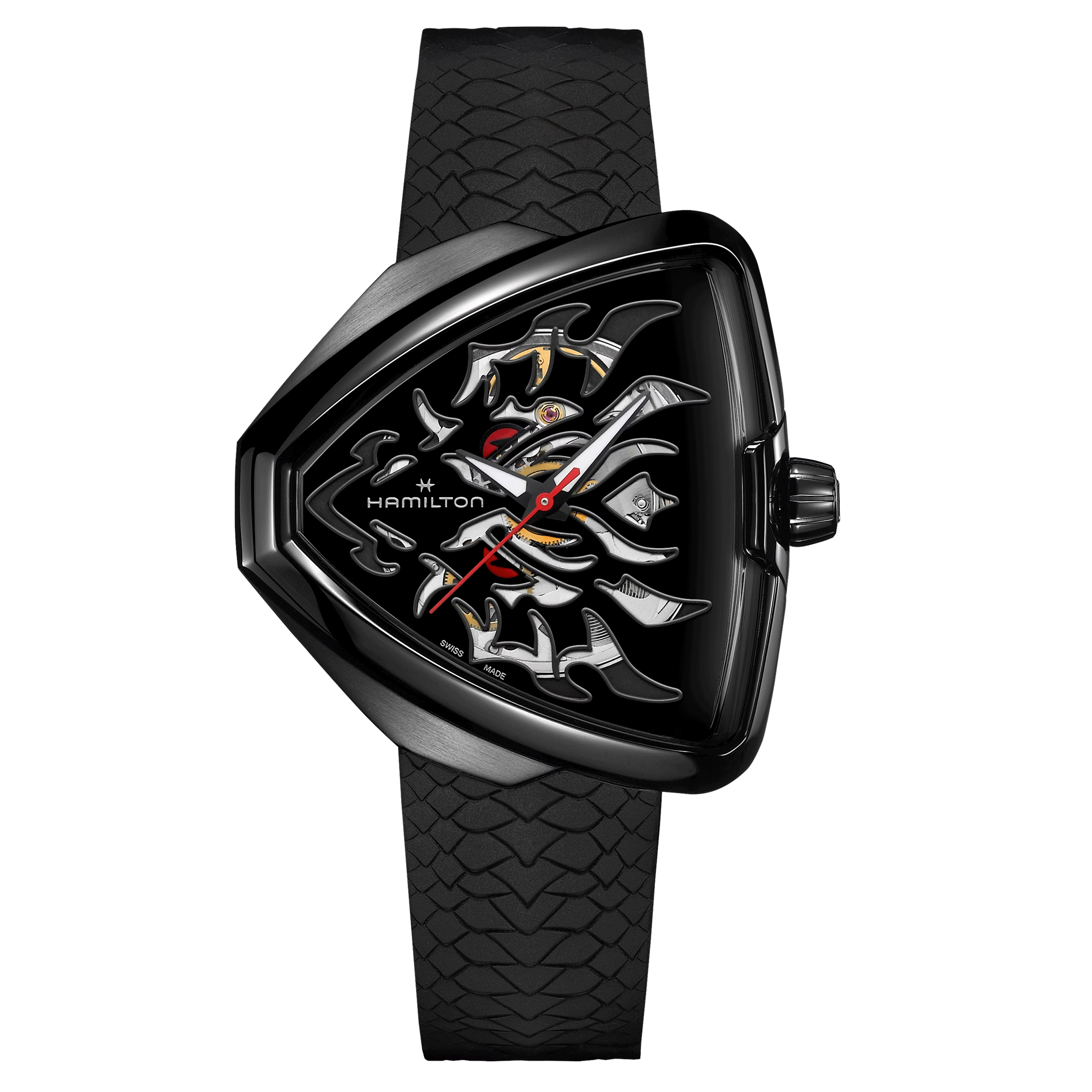 Montre Hamilton Ventura Elvis80 Skeleton PVD Noir automatique cadran noir bracelet caoutchouc noir 42,50 x 44,60 mm H24535332