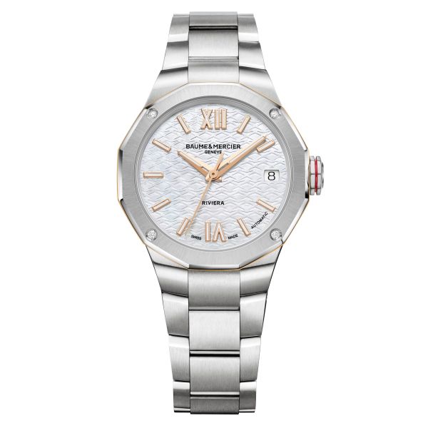 Baume et Mercier Riviera Diamants automatic watch white mother-of-pearl dial steel bracelet 33 mm