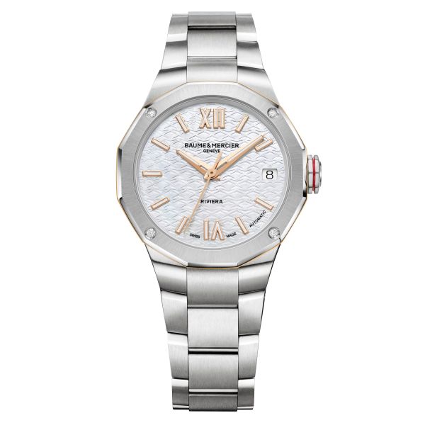 Montre Baume et Mercier Riviera Diamants automatique cadran nacre blanche bracelet acier 33 mm 10743