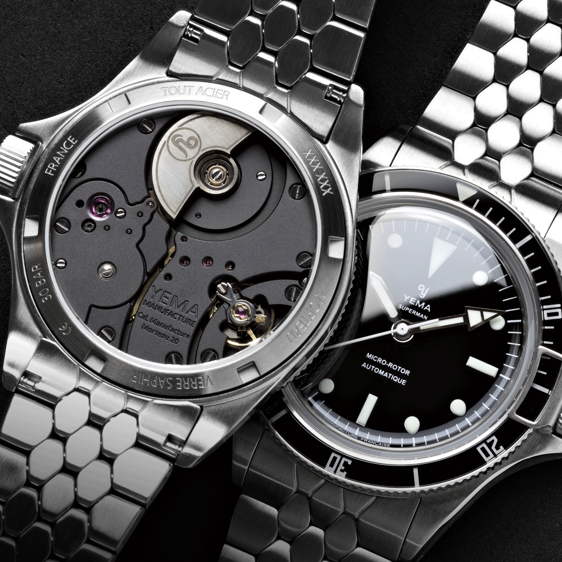 Yema Superman Slim CMM.20 automatic watch black dial steel bracelet 39 mm