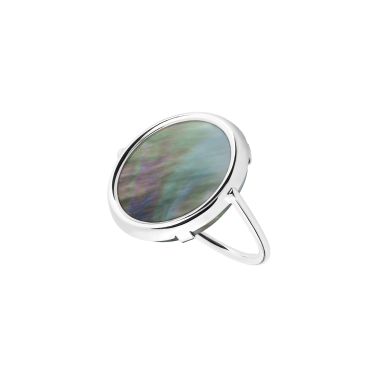 Bague Ginette NY Disc Ring en or blanc et nacre noire