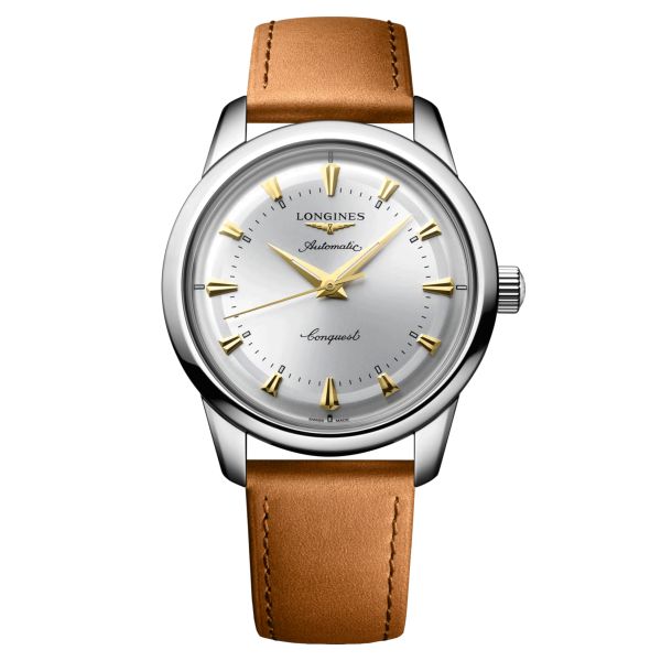 Longines Conquest Heritage automatic watch silver dial brown leather strap 40 mm