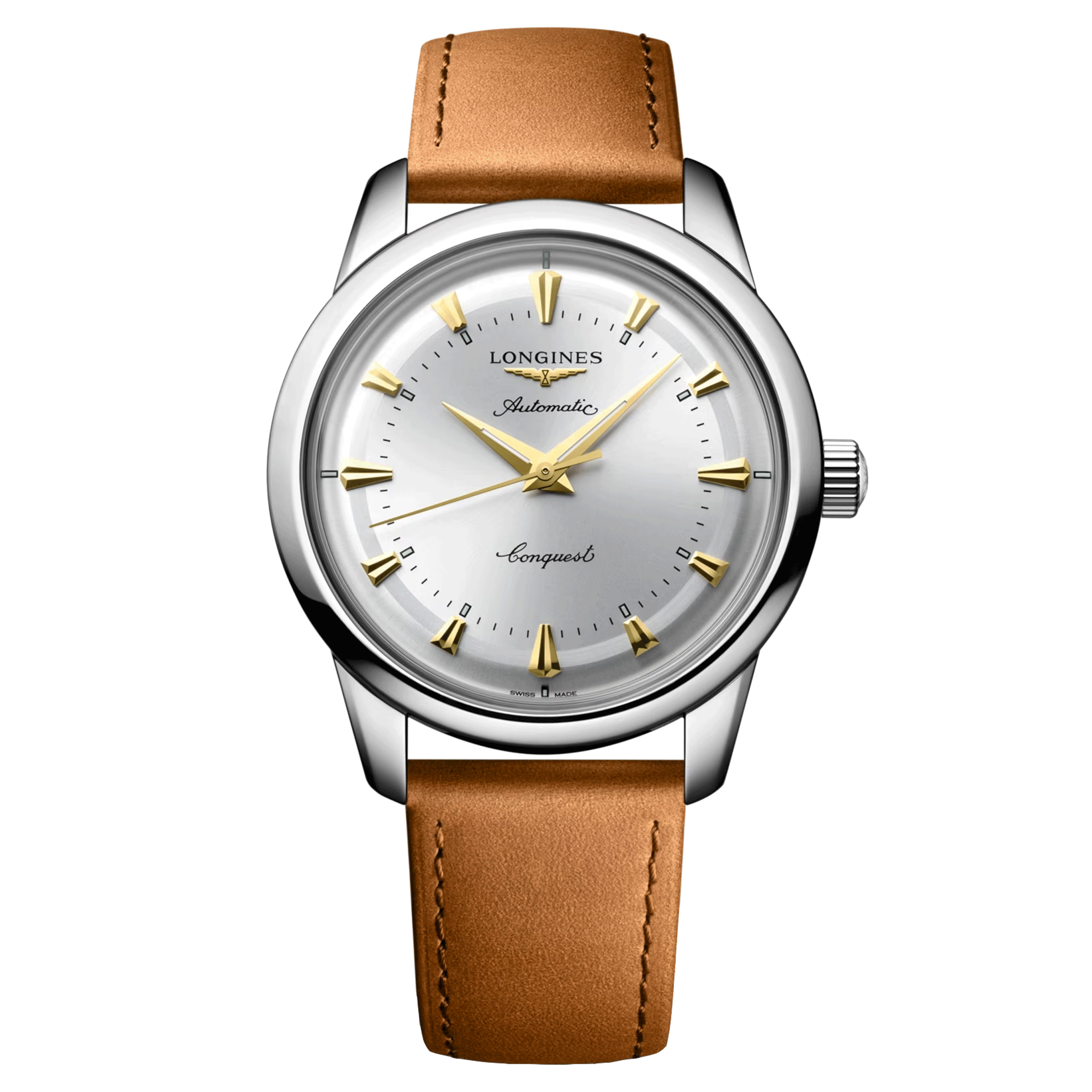 Longines Conquest Heritage automatic watch silver dial brown leather strap 40 mm