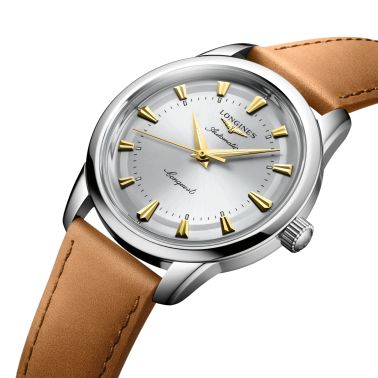 Longines Conquest Heritage automatic watch silver dial brown leather strap 40 mm