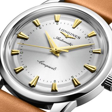 Longines Conquest Heritage automatic watch silver dial brown leather strap 40 mm