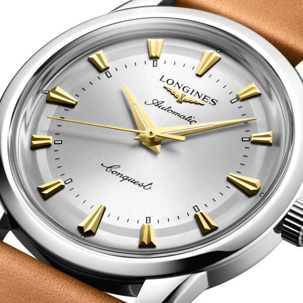 Longines Conquest Heritage automatic watch silver dial brown leather strap 40 mm
