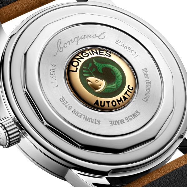 Longines Conquest Heritage automatic watch silver dial brown leather strap 40 mm